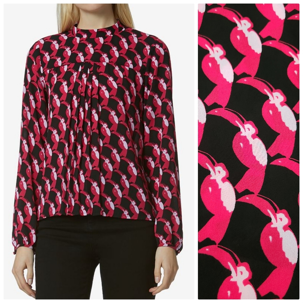 Avec Les Filles Tucan bird print blouse high mock neck pleating black pink M